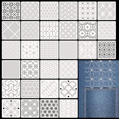 Affrolling 30 Pcs Plastic Sashiko Stencil 4.7 x 4.7 Inch Geometric Sashiko Pattern Template Drawing Line Quilting Stencil Embroidery Pattern Stabilizers for Sewing Hand Quilting and Embroidery - Image 1