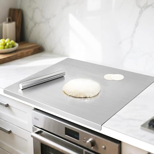 MEDALLIX Stainless Steel Chopping Board with Lip for Kitchen | Heavy Duty Cutting Board for Vegetables, Meat, Fish, Fruits | Non-Slip, Rust-Proof, Round Edges | Includes Rolling Pin - Image 1