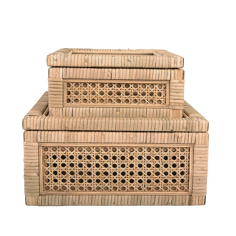 Creative Co-op Creative CoOp Modern Decorative Square Woven Rattan and Wood Display Boxes with Glass Top Set of 2 Sizes Natural Finish
