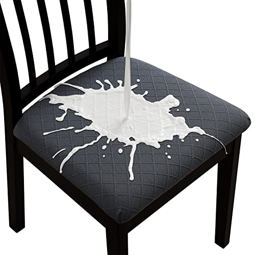 Fuloon Waterproof Seat Cushion Covers 4 PCS Stretch Jacquard Chair Seat Covers Washable Dining Room Seat Slipcovers Removable Kitchen Chair Protector 4 WaterproofDark Grey
