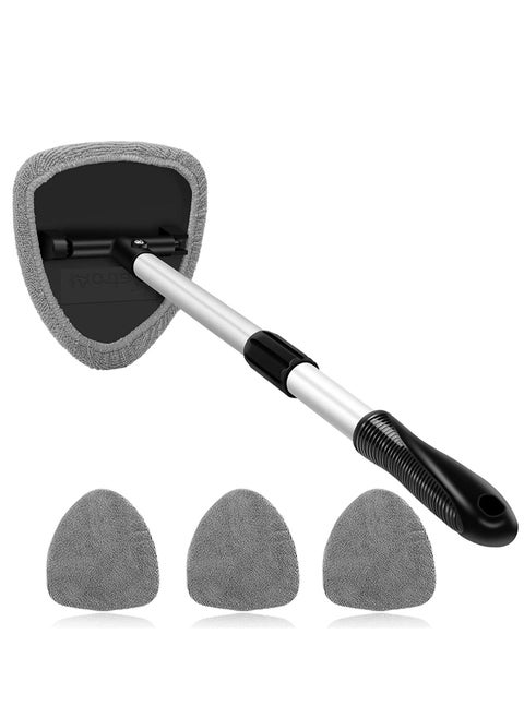 Car Windshield Cleaning Brush, Microfiber Window Cleaner with 4 Reusable and Washable Pads Extendable Handle Auto Inside Glass Wiper Kit, Gray