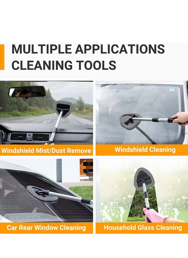 Car Windshield Cleaning Brush, Microfiber Window Cleaner with 4 Reusable and Washable Pads Extendable Handle Auto Inside Glass Wiper Kit, Gray