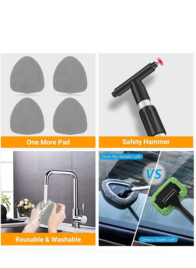 Car Windshield Cleaning Brush, Microfiber Window Cleaner with 4 Reusable and Washable Pads Extendable Handle Auto Inside Glass Wiper Kit, Gray