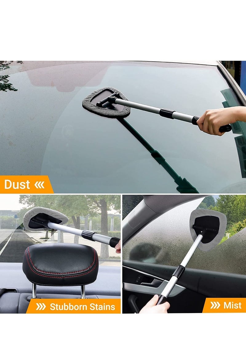 Car Windshield Cleaning Brush, Microfiber Window Cleaner with 4 Reusable and Washable Pads Extendable Handle Auto Inside Glass Wiper Kit, Gray