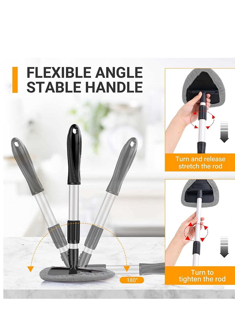 Car Windshield Cleaning Brush, Microfiber Window Cleaner with 4 Reusable and Washable Pads Extendable Handle Auto Inside Glass Wiper Kit, Gray