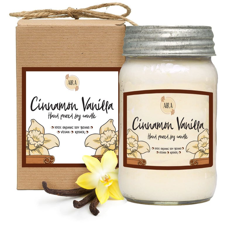 Aira Soy Candles - Organic, Kosher, Vegan, in Mason Jar w/Therapeutic Grade Essential Oil Blends - Hand-Poured 100% Soy Candle Wax - Paraffin Free, Burns 110+ Hours - Cinnamon Vanilla -16 Ounces - Image 1
