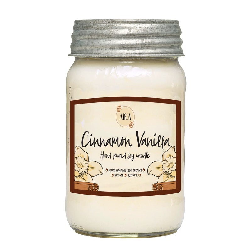 Aira Soy Candles - Organic, Kosher, Vegan, in Mason Jar w/Therapeutic Grade Essential Oil Blends - Hand-Poured 100% Soy Candle Wax - Paraffin Free, Burns 110+ Hours - Cinnamon Vanilla -16 Ounces - Image 2