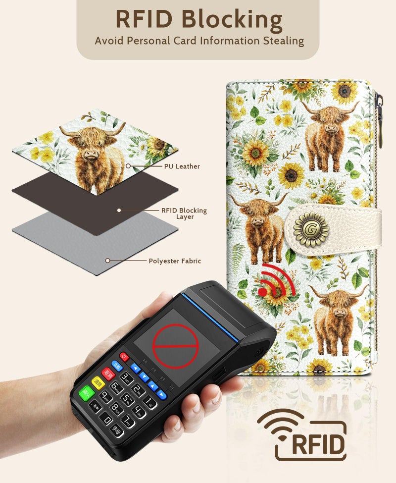 GIANCOMICS Highland Cow Womens Wallet RFID Blocking, Sunflower Credit Card Holder Bifold, PU Leather Travel Billfold, Long Cute Cash Purse, Zipper Coin Pocket Clutch, 11 Card Slot, Ladies Gift Woman - Image 4