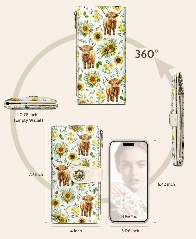 GIANCOMICS Highland Cow Womens Wallet RFID Blocking, Sunflower Credit Card Holder Bifold, PU Leather Travel Billfold, Long Cute Cash Purse, Zipper Coin Pocket Clutch, 11 Card Slot, Ladies Gift Woman - Image 5