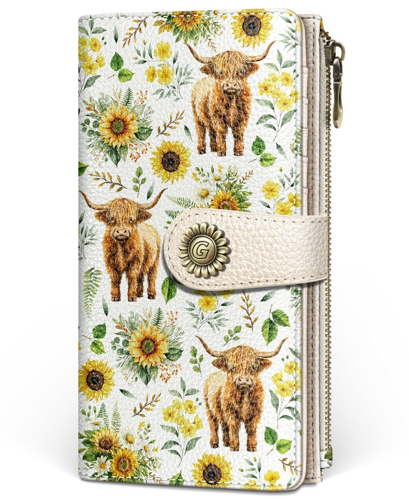 GIANCOMICS Highland Cow Womens Wallet RFID Blocking, Sunflower Credit Card Holder Bifold, PU Leather Travel Billfold, Long Cute Cash Purse, Zipper Coin Pocket Clutch, 11 Card Slot, Ladies Gift Woman - Image 1