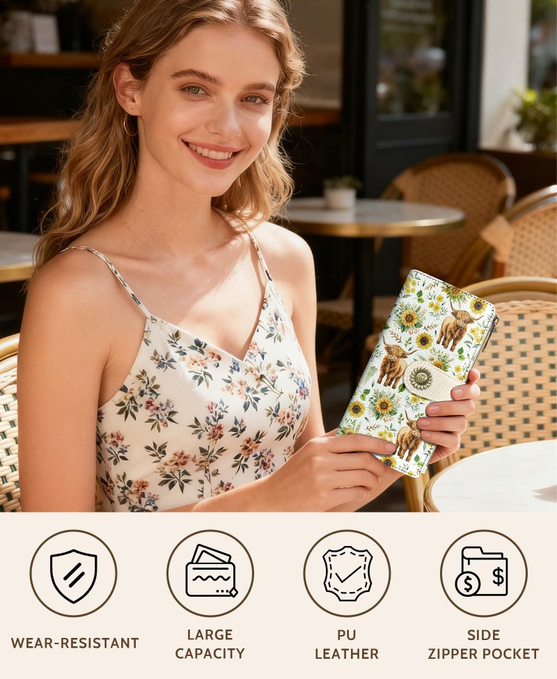 GIANCOMICS Highland Cow Womens Wallet RFID Blocking, Sunflower Credit Card Holder Bifold, PU Leather Travel Billfold, Long Cute Cash Purse, Zipper Coin Pocket Clutch, 11 Card Slot, Ladies Gift Woman - Image 2