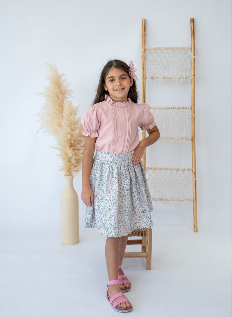 لالينا طقم بلوزة وردية وتنورة زهرية للبنات من مجموعة ربيع الأناقة - Image 1