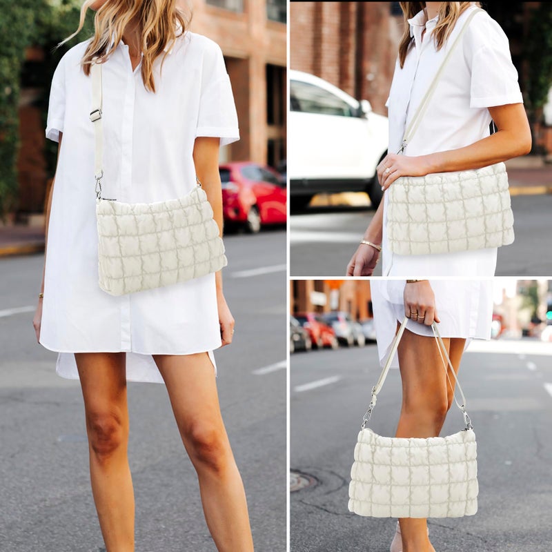 E-Tree Quilted Crossbody Bags for Women Men, Puffer Handbag Purse with Shoulder Strap (Ivory) - Image 2