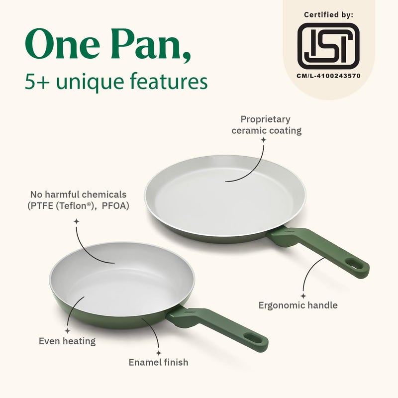 Ember Cookware Arcilla Ceramic Non Stick Cookware Set of 2 | Frying Pan 24cm & Tawa 28cm | ISI Certified | Non Toxic Ceramic Cookware | Gift Set of 2 | 2X Spatula | PFAS & PTFE Free | Green - Image 2