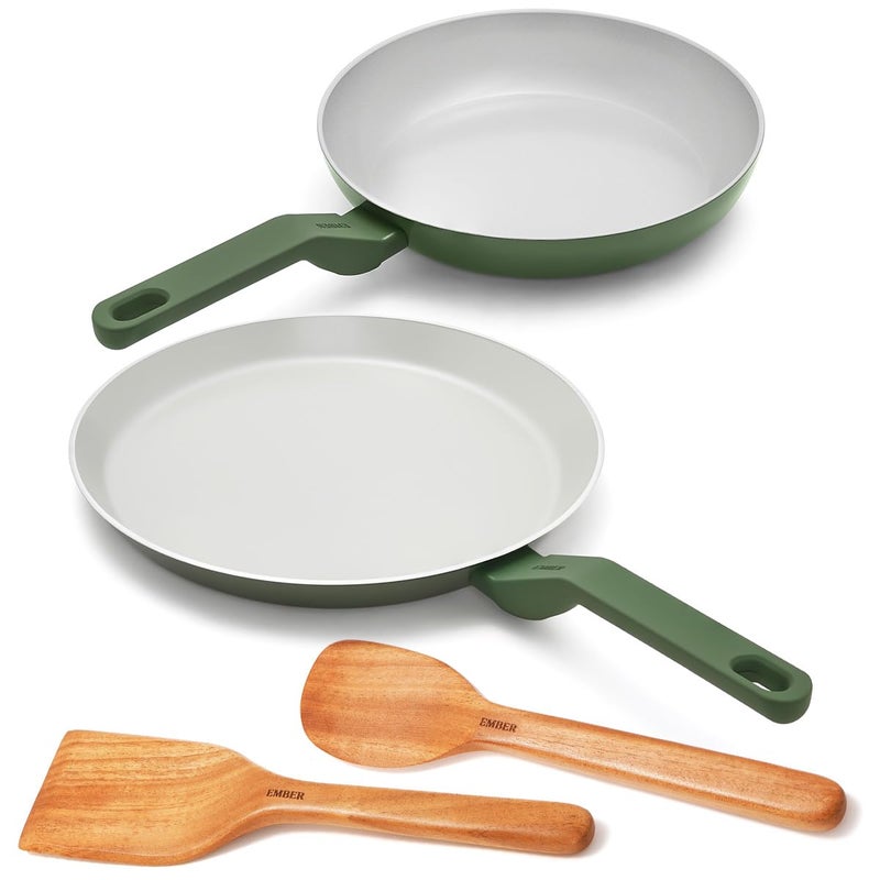 Ember Cookware Arcilla Ceramic Non Stick Cookware Set of 2 | Frying Pan 24cm & Tawa 28cm | ISI Certified | Non Toxic Ceramic Cookware | Gift Set of 2 | 2X Spatula | PFAS & PTFE Free | Green - Image 1