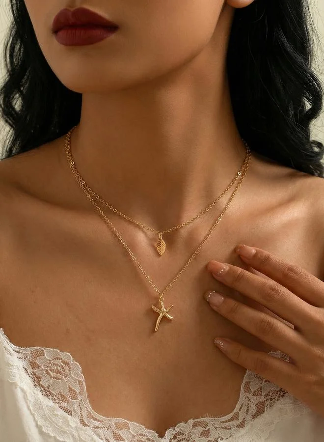 تايك تو Leaf and Starfish Pendant Layered Necklace