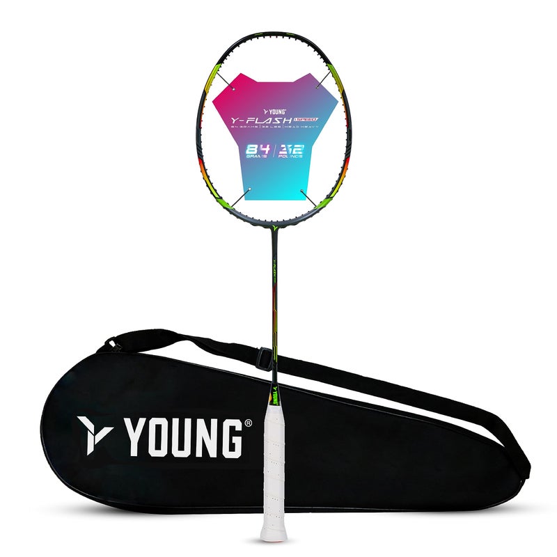 YOUNG Y-Flash Ispeed (100% Ultra Tech Japanese Graphite, 32Lbs) Aero-Dynamic Speed Frame, Head Heavy Performance Grade Badminton Racket with Full Cover (Black Green) - Image 4