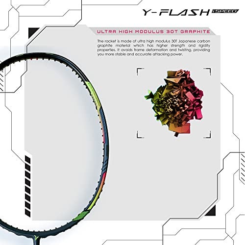 YOUNG Y-Flash Ispeed (100% Ultra Tech Japanese Graphite, 32Lbs) Aero-Dynamic Speed Frame, Head Heavy Performance Grade Badminton Racket with Full Cover (Black Green) - Image 2