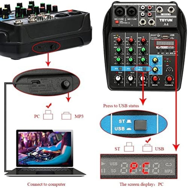 جهاز مزج الصوت اللاسلكي الاحترافي ذو 4 قنوات، وحدة تحكم خلط الصوت المحمولة، واجهة USB، إدخال الكمبيوتر الرقمي MP3، 48 فولت، مراقب الطاقة الوهمية لتسجيل الصوت المنزلي والبث عبر الإنترنت لأغنية K - Image 3