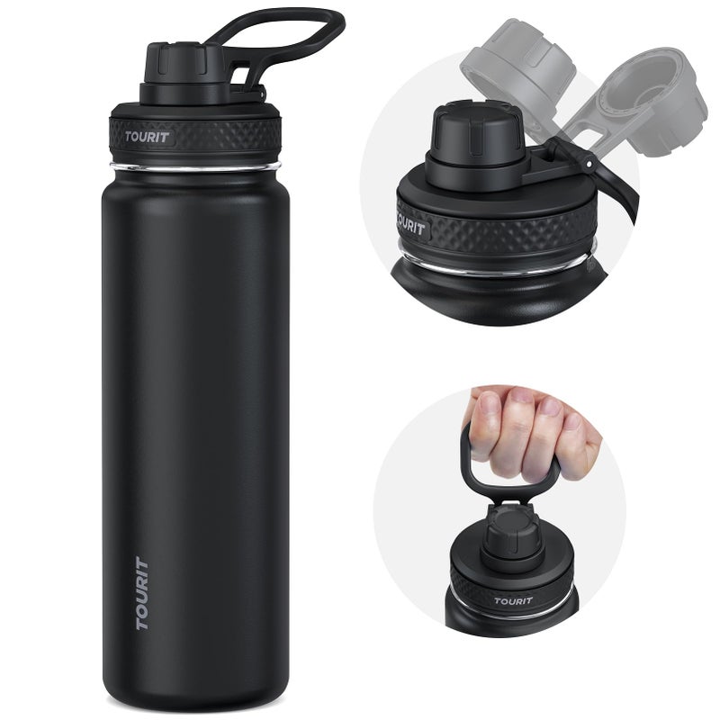 TOURIT 24 oz Insulated Water Bottle, Stainless Steel Water Bottles With Handle, Double-Wall Vacuum Sports Water Bottle, BPA Free Leakproof Water Bottle, Black - Image 1