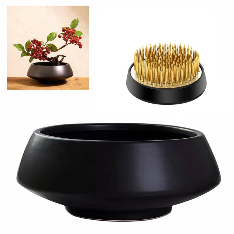 Eggone Ceramic Flower Pot Flower Arrangement Set Japanese Ikebana Floral Art Supplies Handmade Flower Bowl Decorative Flower Vase for Centerpieces (Small Black) - Image 1