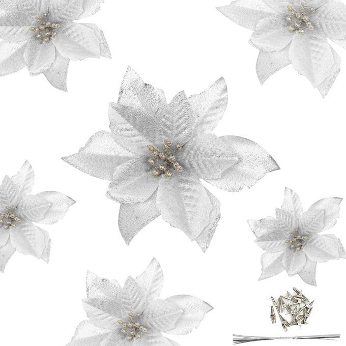 12PCS 5 INCH GLITTER ARTIFICIAL POINSETTIA FLOWERS WITH TIES FOR WEDDING CHRISTMAS FESTIVAL HOLIDAY DECOR XMAS WREATH GARLAND ORNAMENT SILVER