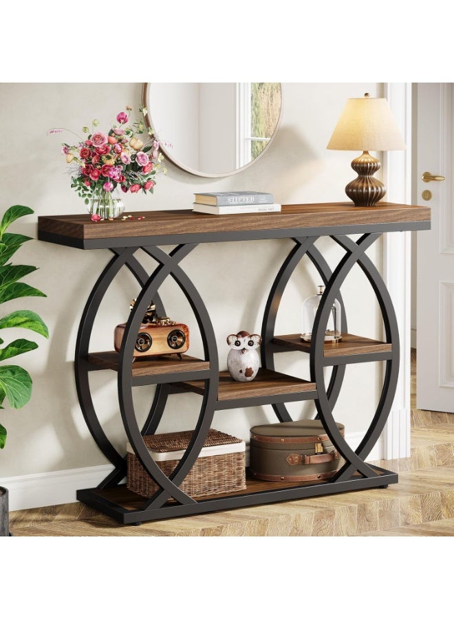 VRCOW 39.4" Console Table, Industrial 4-Tier Sofa Table Entryway Table with Storage Shelves, Narrow Wood Accent Tables with Metal Frame for Small Spaces, Hallway, Foyer, Rustic Brown - Image 1