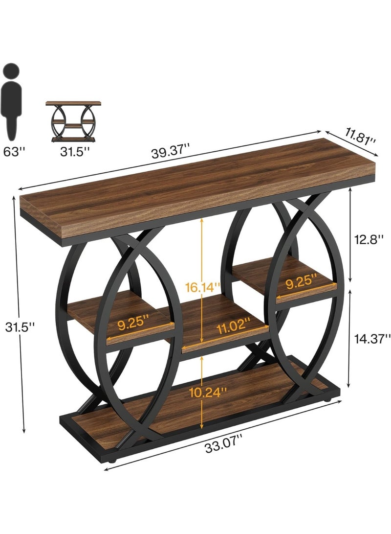 VRCOW 39.4" Console Table, Industrial 4-Tier Sofa Table Entryway Table with Storage Shelves, Narrow Wood Accent Tables with Metal Frame for Small Spaces, Hallway, Foyer, Rustic Brown - Image 2