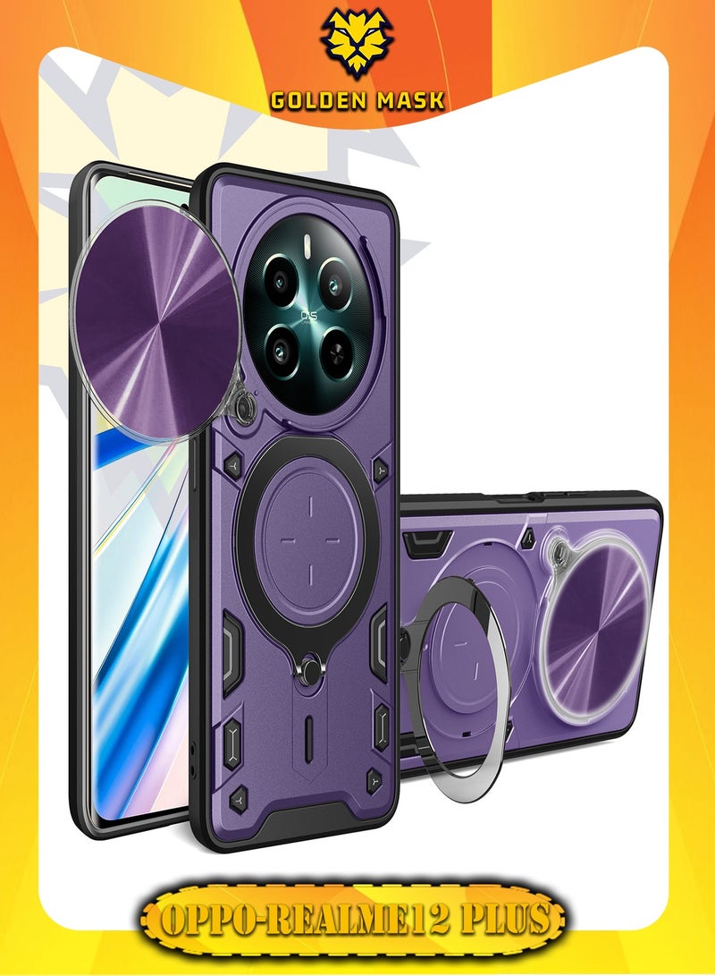جولدن ماسك لهاتف ريلمى 12 بلس (Realme 12 Plus) جراب حماية مع باب جرار لحماية عدسة  الكاميرا المدرعة مدمج بزاوية 360 درجة - (بنفسجى)