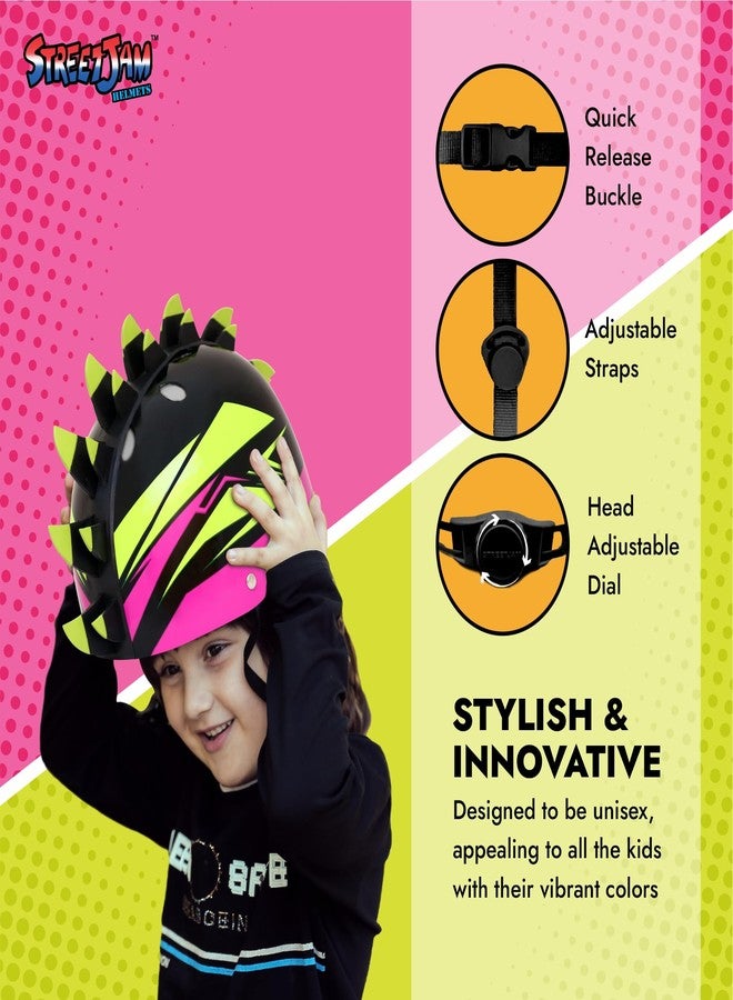 STREETJAM Kids Cycle Helmet, Finhawk Open Face Sports Helmet, Hard PP Outer Shell, EPS Inner Comfort Linner case, Adjustable Strap & Dial, Multi air Vents, Unisex Helmet (5-8 Years, Black(Green, Pink) - Image 3