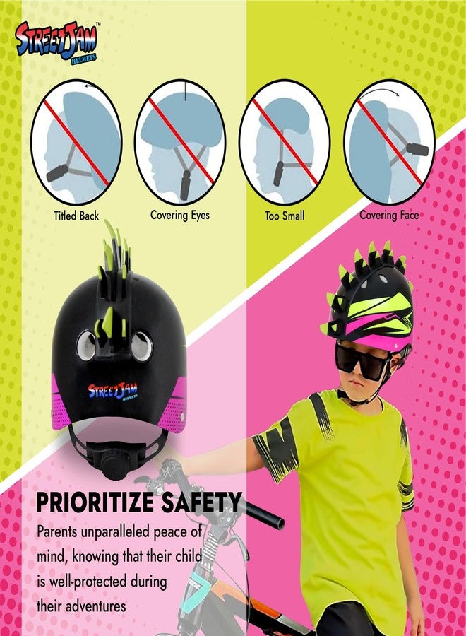 STREETJAM Kids Cycle Helmet, Finhawk Open Face Sports Helmet, Hard PP Outer Shell, EPS Inner Comfort Linner case, Adjustable Strap & Dial, Multi air Vents, Unisex Helmet (5-8 Years, Black(Green, Pink) - Image 5