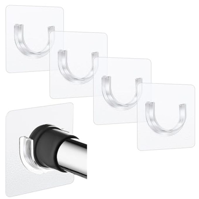 Sibba Shower Rod Holder 4Pcs Sticky Curtain Rod Bracket No Drilling Retainer Clear Tension Hooks Liners Support Mount Sticker Heavy Duty Wall Hold Tool Fit Bathroom Wardrobe - Image 4