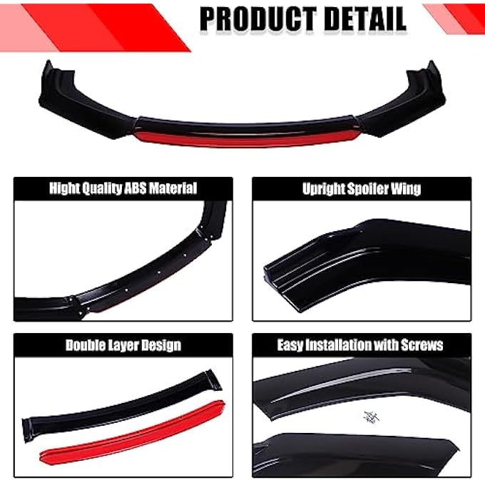 DREAMOTOR Universal Car 4 PCS Front Bumper Lip + 2PCS 8"-11" Adjustable Splitter Rods Spoiler Splitter Body Kit Compatible with Honda Civic Accord Toyota Dodge Charger Nissan Chevrolet - Image 3