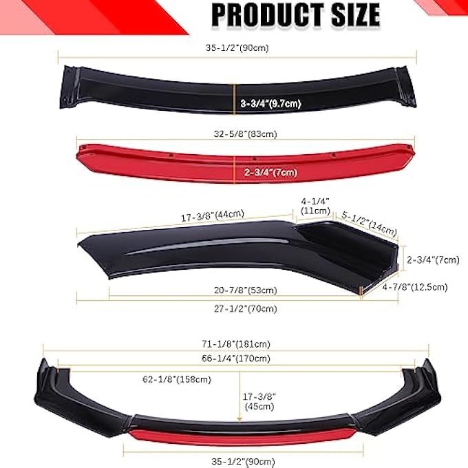 DREAMOTOR Universal Car 4 PCS Front Bumper Lip + 2PCS 8"-11" Adjustable Splitter Rods Spoiler Splitter Body Kit Compatible with Honda Civic Accord Toyota Dodge Charger Nissan Chevrolet - Image 2