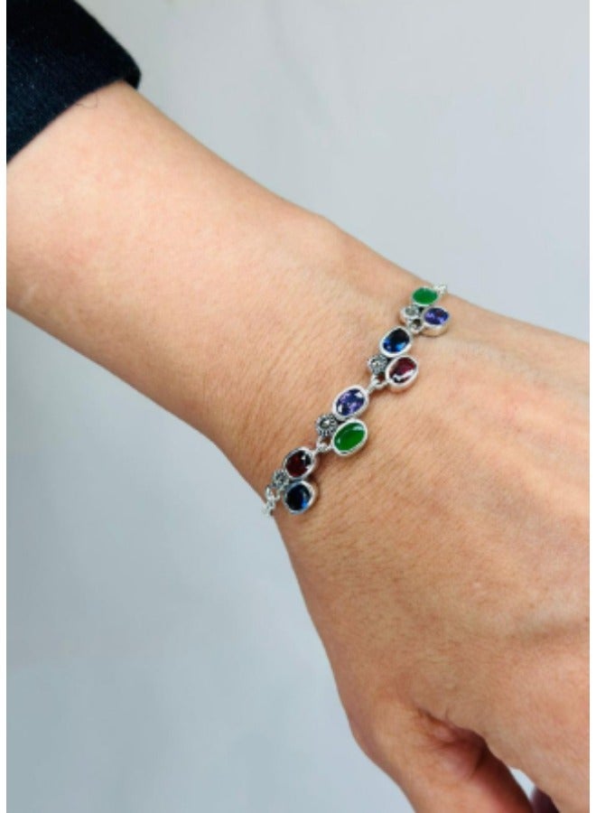 Sterling Silver Adjustable Bracelet with Colorful Multi-Stone Accents – Elegant Jewelry for Women