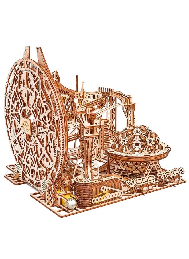 Wood Trick - Wood Trick Wooden Marble Run 3D Wooden Puzzles for Adults and Kids to Build - 15x14 in - Electric Driven - Roller Coaster Wooden Model Kits for Adults and Teens to Build - Image 1