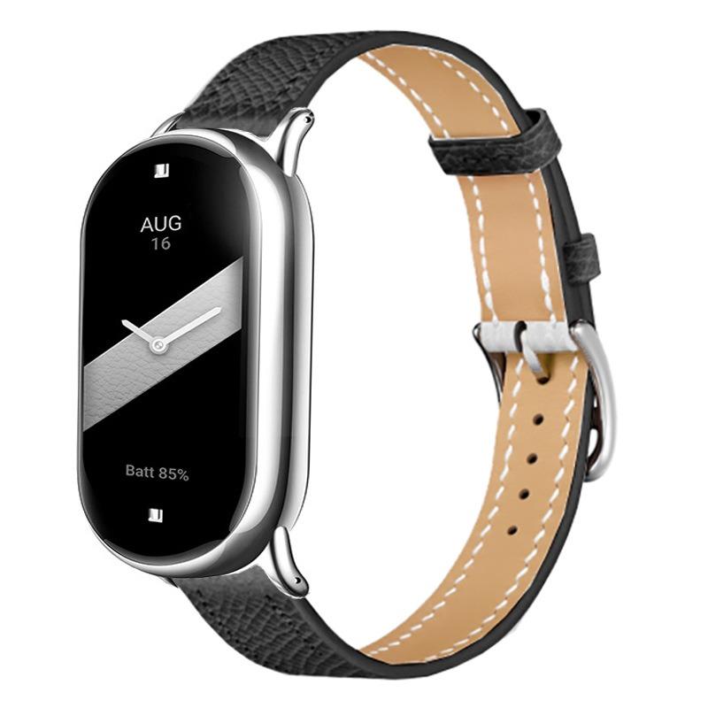 erorex For Xiaomi Smart Band 10 / 9 / 8 Slim Silver Buckle Leather Watch Band(Litchi Texture Black) - Image 1