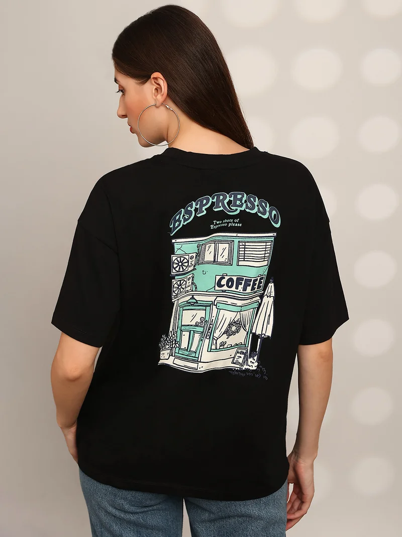 globus Globus Women Black Back Graphic Print Round Neck Drop Shoulder Sleeves Oversized T-Shirt