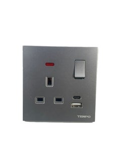 13A 1 Gang Socket with USB & TYPE C Gray Slim Piano