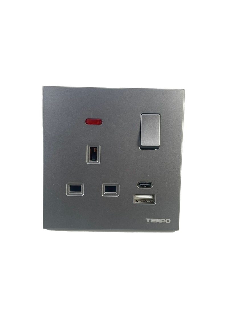 TEMPO - 13A 1 Gang Socket with USB & TYPE C Gray Slim Piano - Image 1