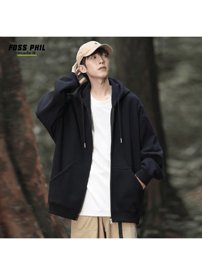 Foss Phil Men's Spring Autumn Loose Casual Zip-up Hoodie Couple Hooded Jacket Fpw11 Black XL - Image 4