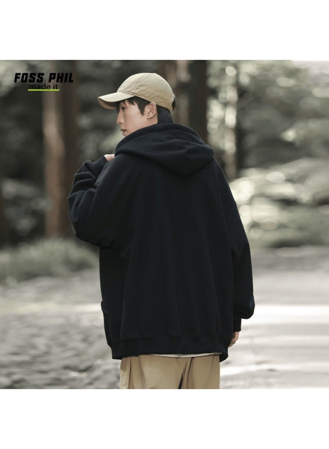 Foss Phil Men's Spring Autumn Loose Casual Zip-up Hoodie Couple Hooded Jacket Fpw11 Black XL - Image 5