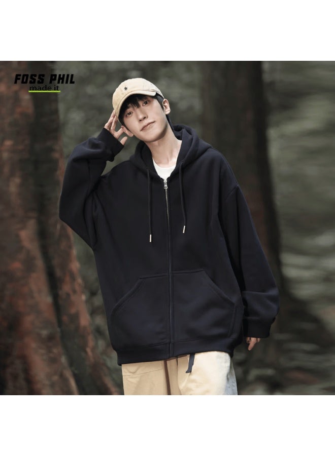 Foss Phil Men's Spring Autumn Loose Casual Zip-up Hoodie Couple Hooded Jacket Fpw11 Black XL - Image 3