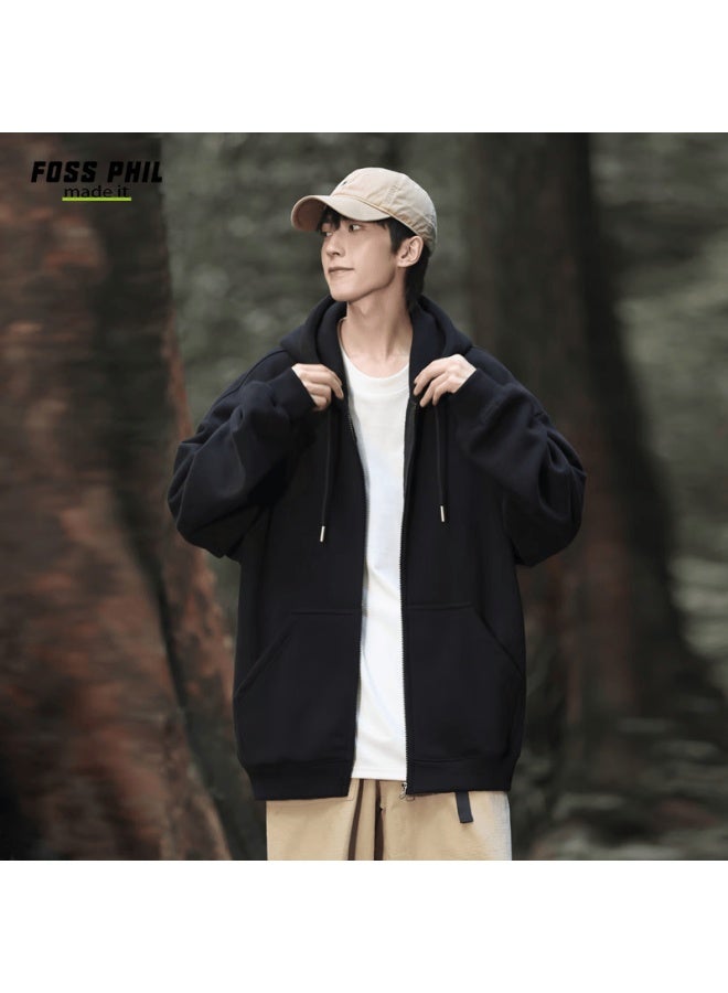 Foss Phil Men's Spring Autumn Loose Casual Zip-up Hoodie Couple Hooded Jacket Fpw11 Black XL - Image 1