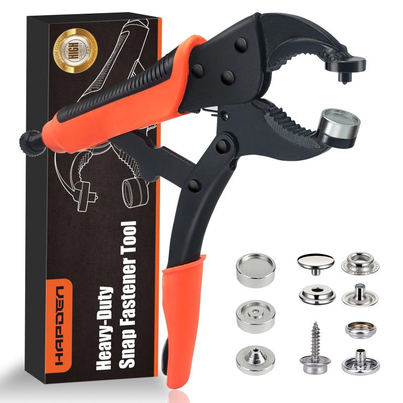 HAPDEN Heavy Duty Snap Fastener Tool Adjustable Vice Grip Snap Setter Tool Includes 40 Sets 15mm Snaps for Boat Cover Replacing Metal Snaps Repairing Boat Covers Canvas Sewing Tarps Orange
