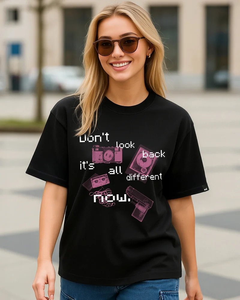 بيواكوف Women's Black Don't Look Back Graphic Printed Oversized T-shirt