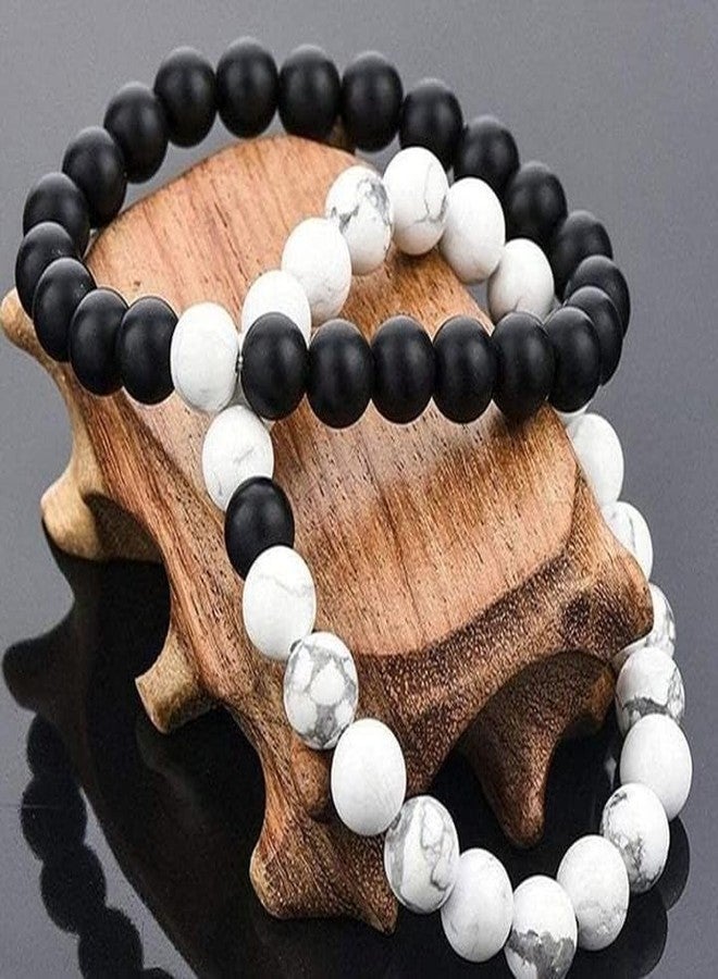 Shivarth Couple Bracelets Adjustable (Pack Of 2) Multi Style Friendship Band Wooden Natural Stones Beads Unisex Long Distance Bracelet for Men Women Black And White - Image 3