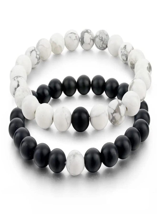 Shivarth Couple Bracelets Adjustable (Pack Of 2) Multi Style Friendship Band Wooden Natural Stones Beads Unisex Long Distance Bracelet for Men Women Black And White - Image 1