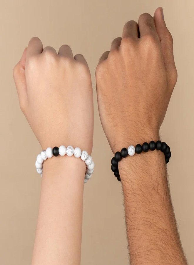 Shivarth Couple Bracelets Adjustable (Pack Of 2) Multi Style Friendship Band Wooden Natural Stones Beads Unisex Long Distance Bracelet for Men Women Black And White - Image 2