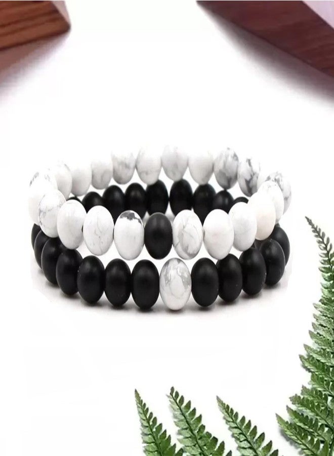 Shivarth Couple Bracelets Adjustable (Pack Of 2) Multi Style Friendship Band Wooden Natural Stones Beads Unisex Long Distance Bracelet for Men Women Black And White - Image 5